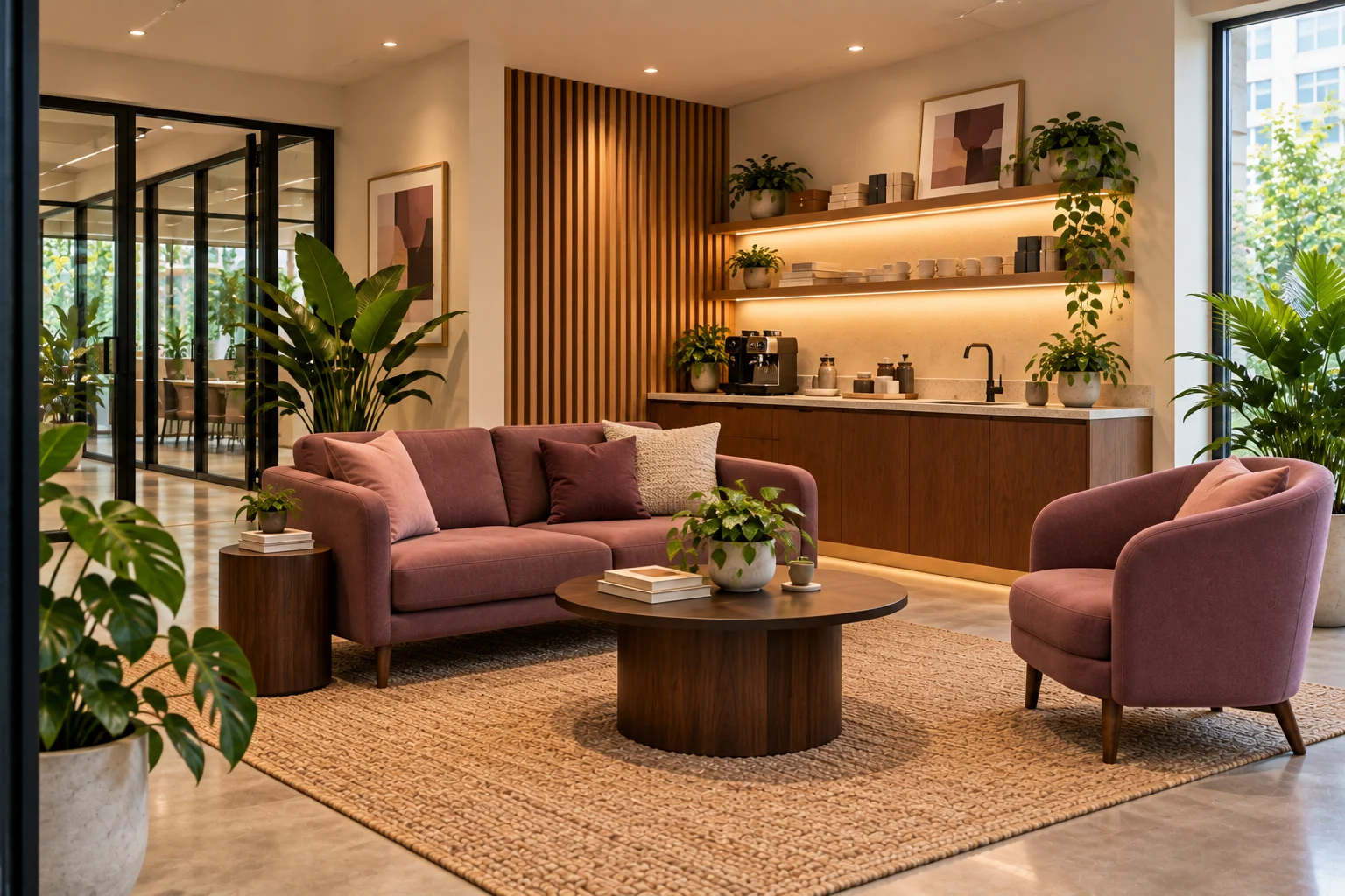 Warm studio break area with mauve lounge seating and a coffee counter