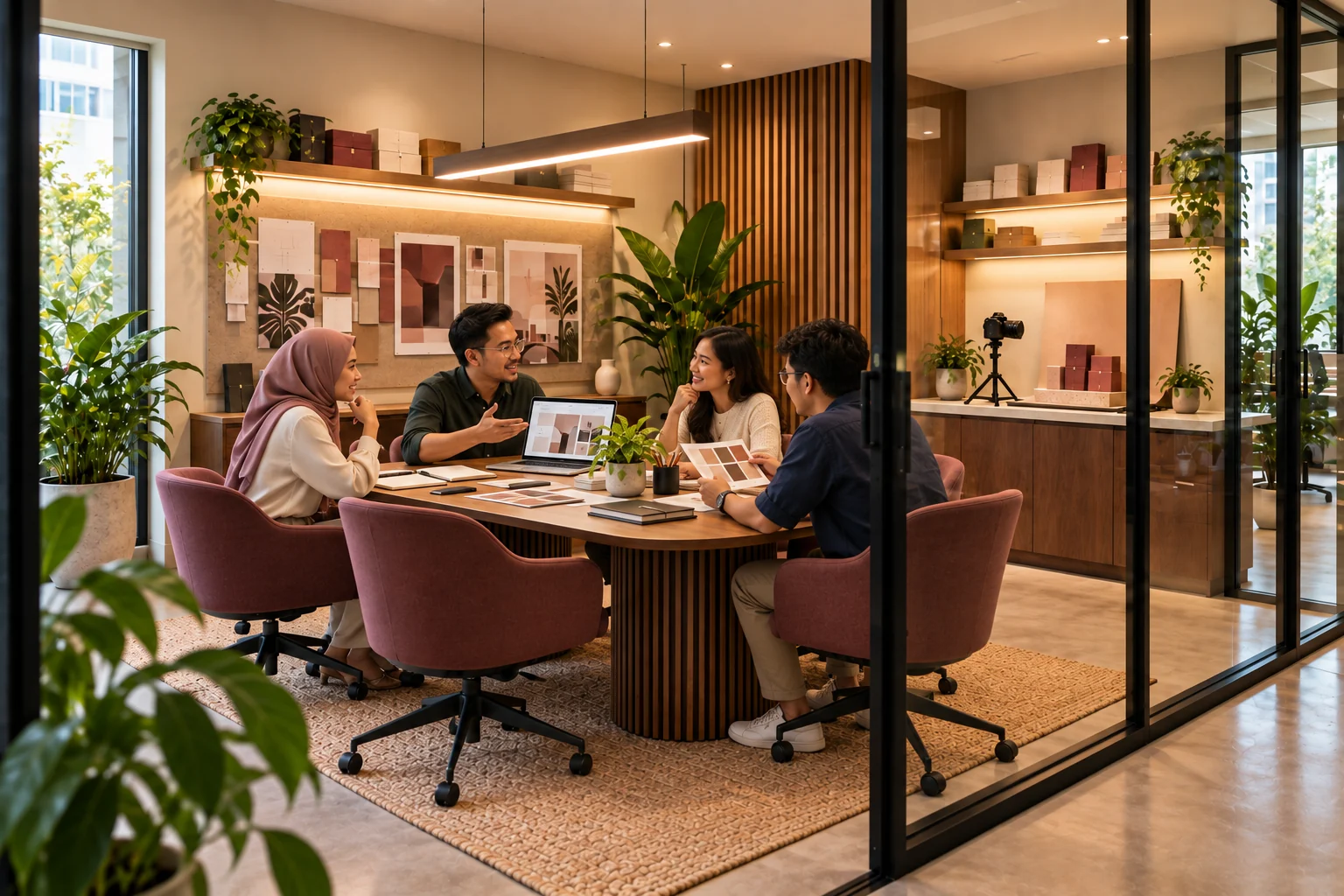 KTECHQ Studio team discussing a website and branding project in a warm meeting room