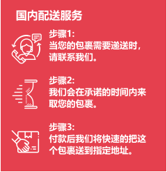 步骤1: 当您的包裹需要递送时，请联系我们。  步骤2: 我们会在承诺的时间内来取您的包裹。  步骤3: 付款后我们将快速的把这个包裹送到指定地址。  国内配送服务